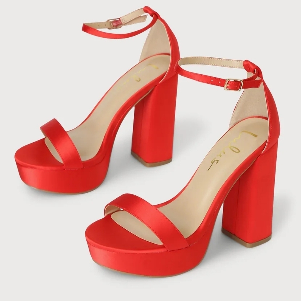 Lulus Arrabella Red Satin‎ Platform Ankle Strap Heels Size 10